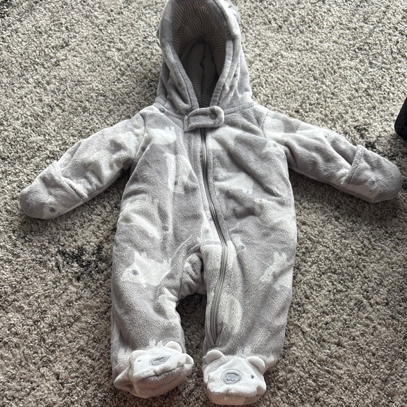 Carter's Gray Footies One Piece with mittens and hood bear design CUTE AND SOFT! - Picture 1 of 9